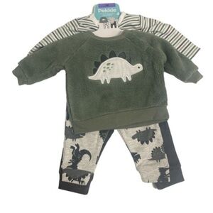 Pekkle plush top with bodysuit & pants NWT Dino Green stripes Coord sets Sz 3M